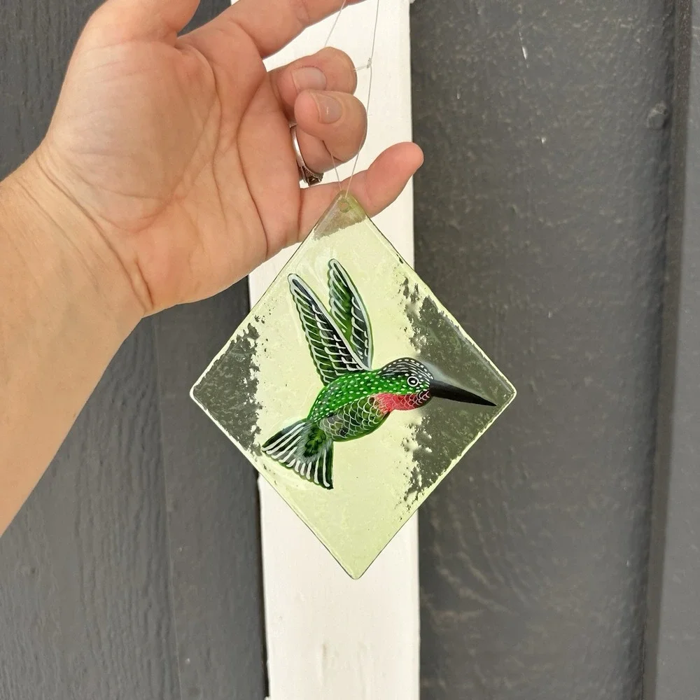 Vintage Hummingbird Suncatcher Stained Glass Diamond Window Hang Ruby-Throated